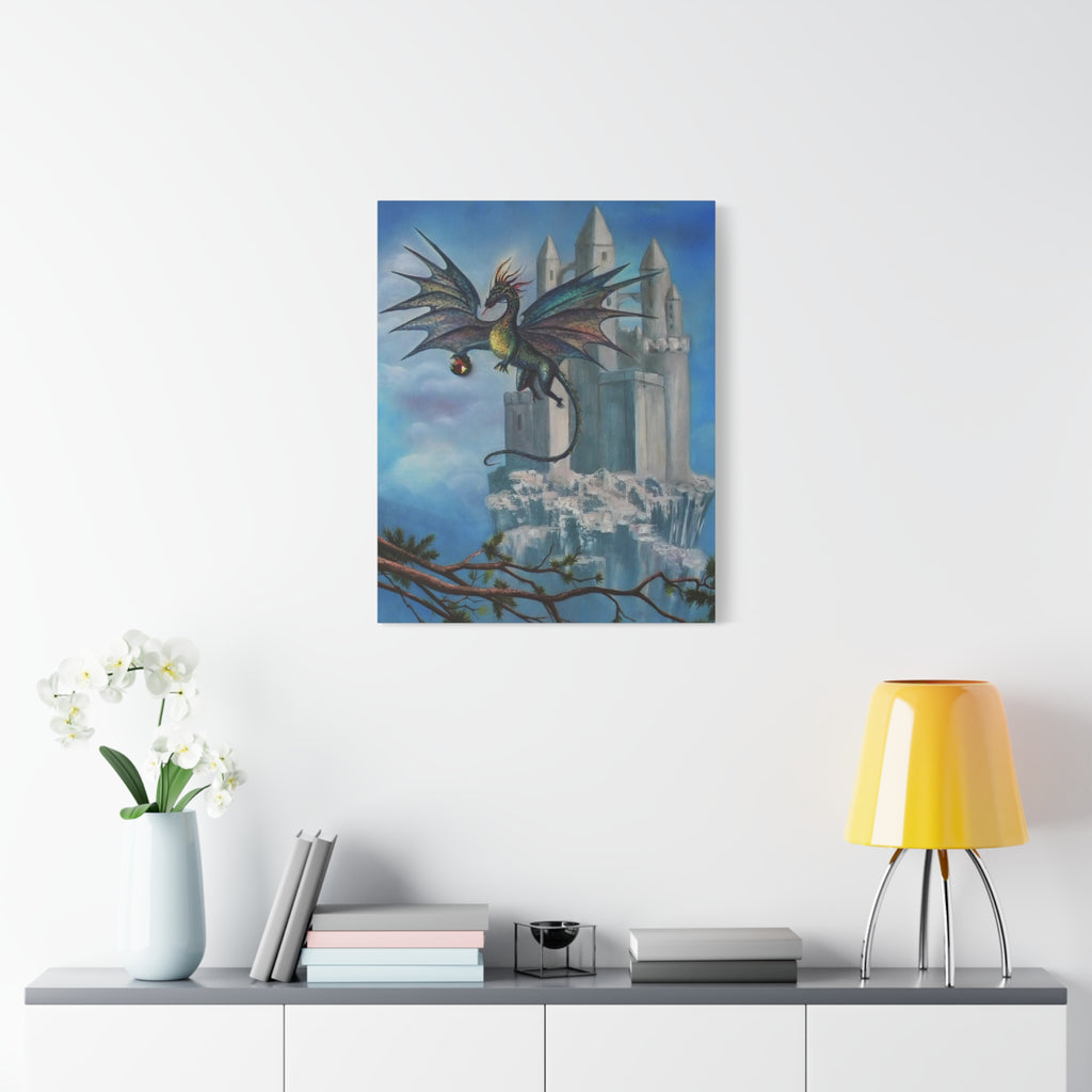 Framed artwork of a dragon flying over a castle on a white wall above a shelf with decor items.
