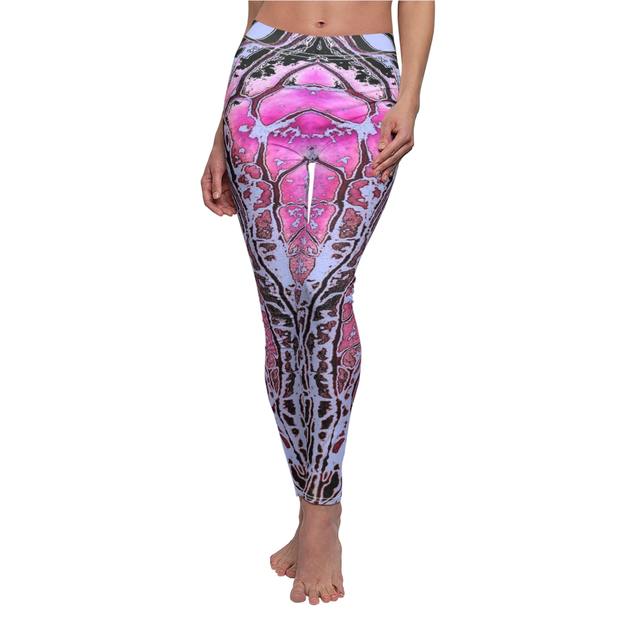 Leggings with a pink and black abstract design on a white background