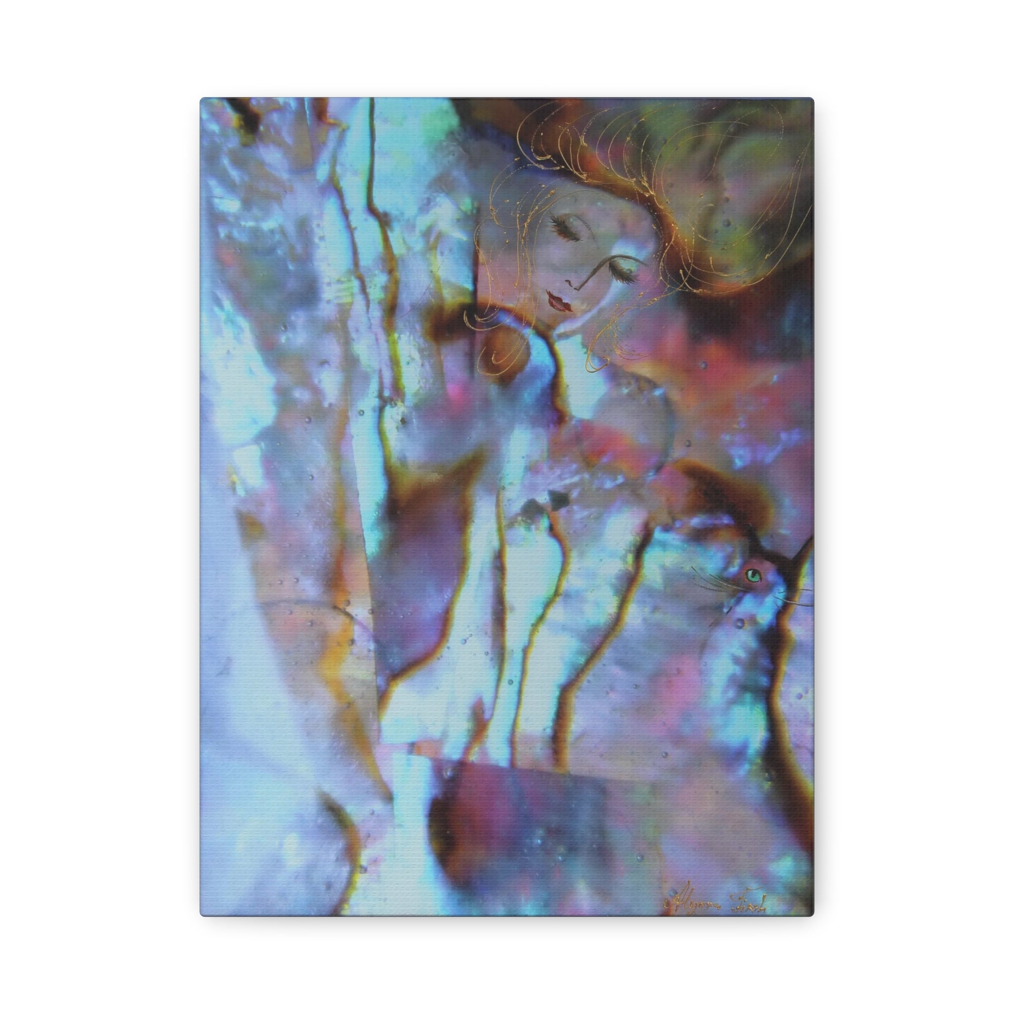 Abstract artwork with a woman's silhouette and colorful background