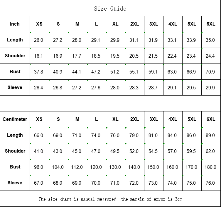 Size chart for clothing measurements in inches and centimeters with a margin of error indicated.