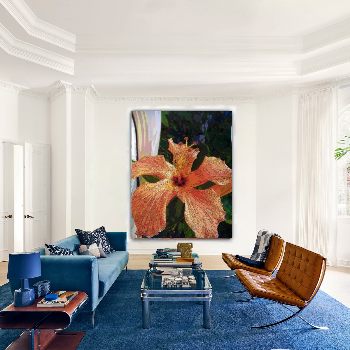 Modern living room with a large floral painting on the wall, blue sofa, and brown chair.