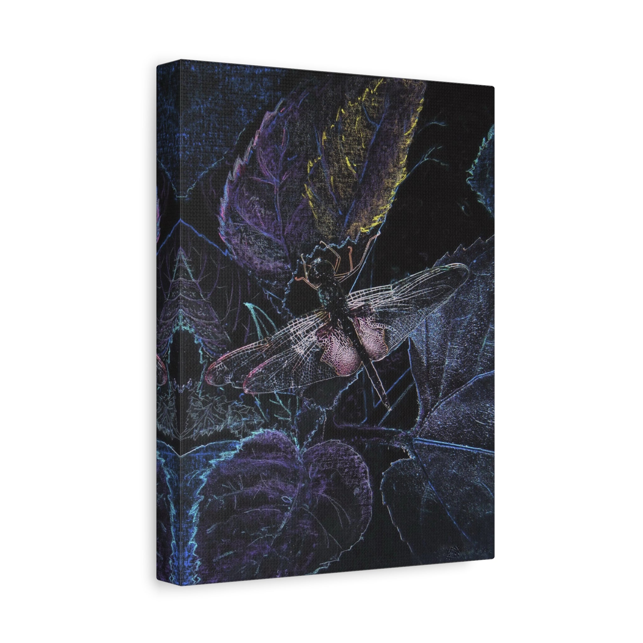 Canvas print with a dragonfly and leaf design on a dark background