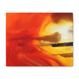 Abstract art with swirling red and orange colors on a white background