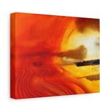 Abstract art piece with swirling red and orange colors on a white background
