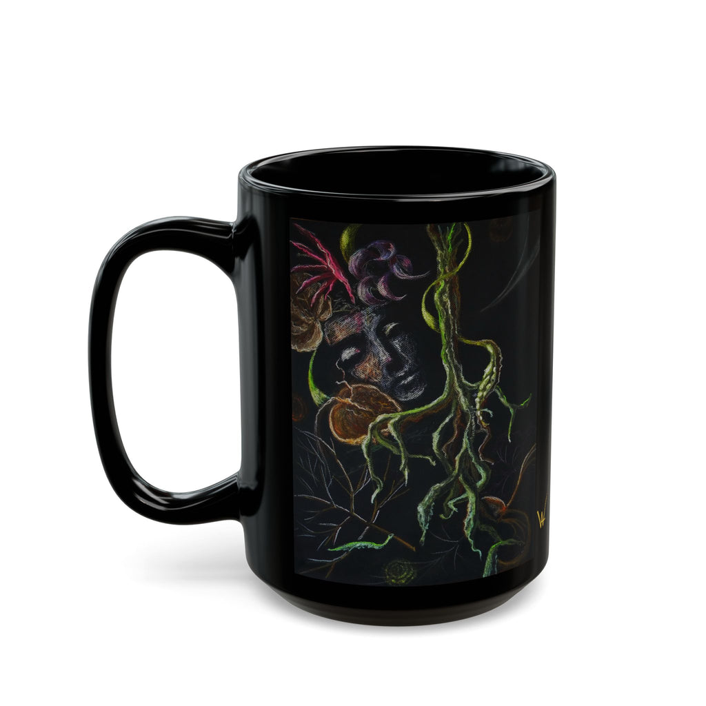 Black mug with artistic design of a face and roots on a black background