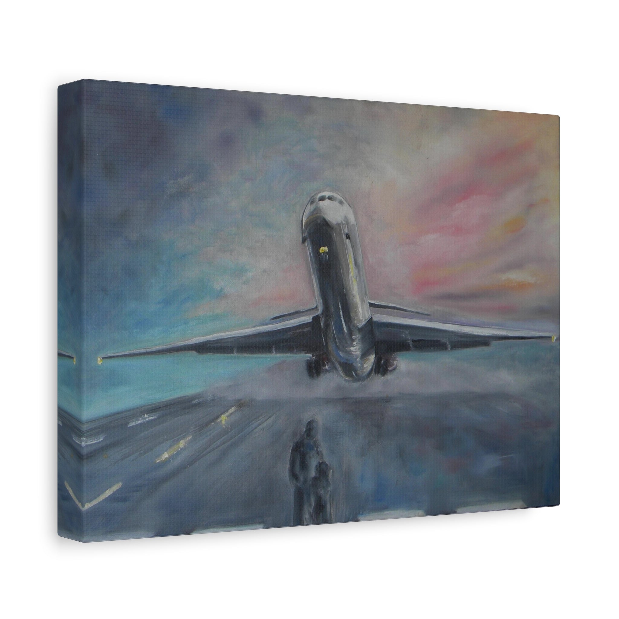 Painting of an airplane on a runway with a colorful sky