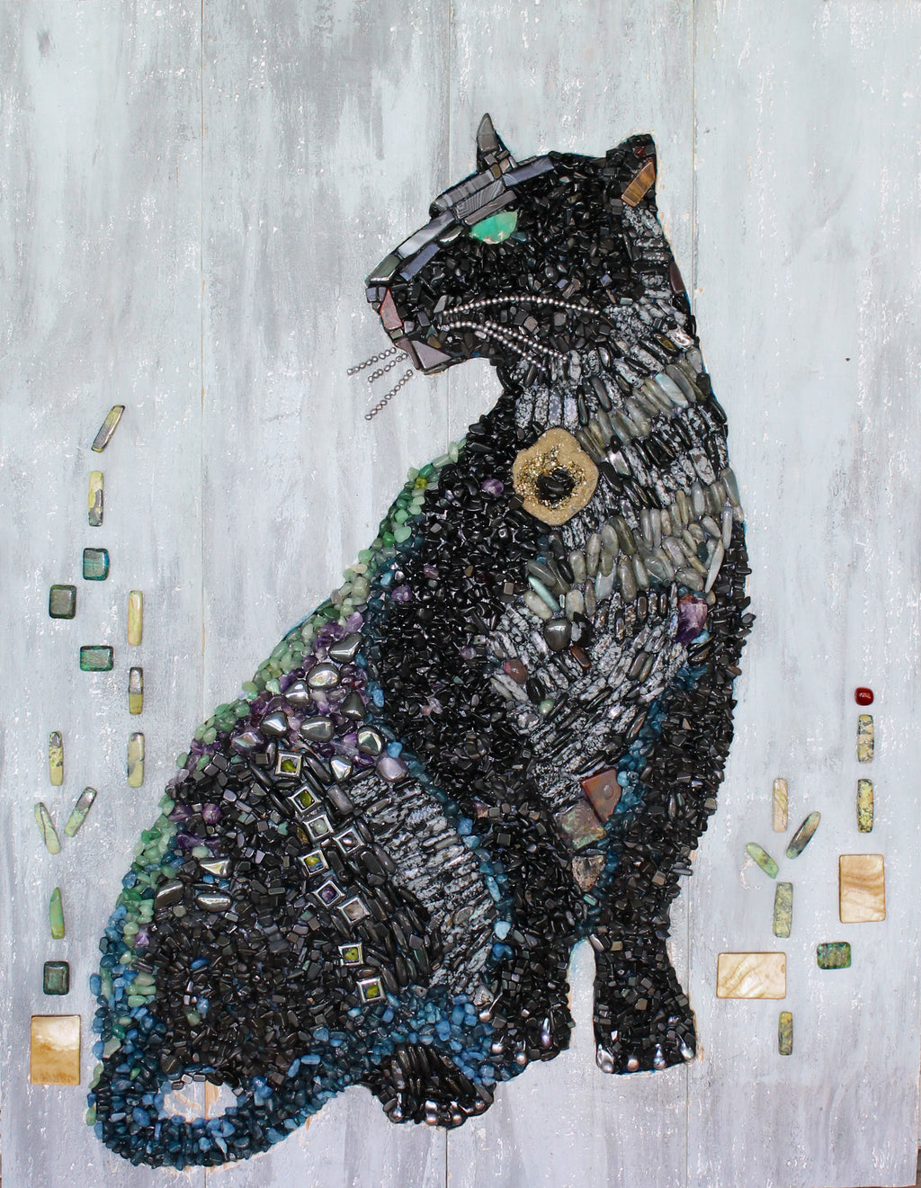 Black Panther Mosaic with Semiprecious Stones on Wood -  SOLD