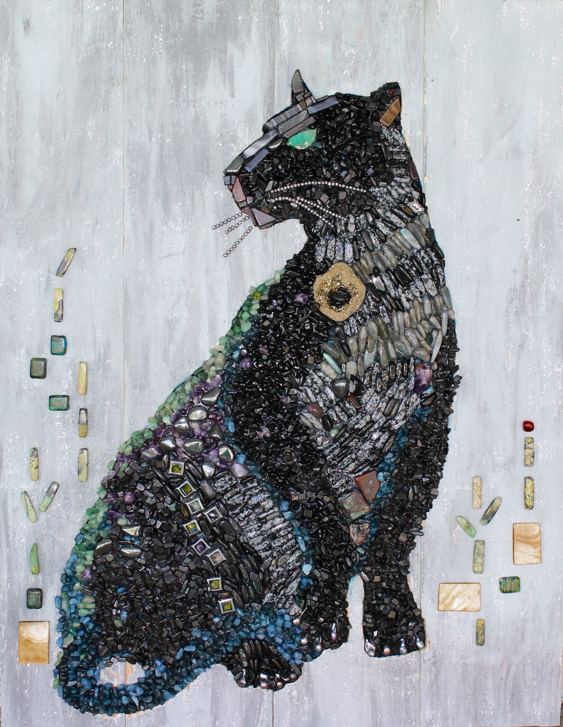 Black Panther Mosaic with Semiprecious Stones on Wood -  SOLD
