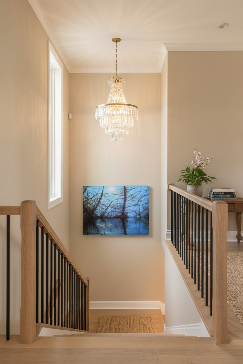 Artwork on Staircase Wall with Chandelier