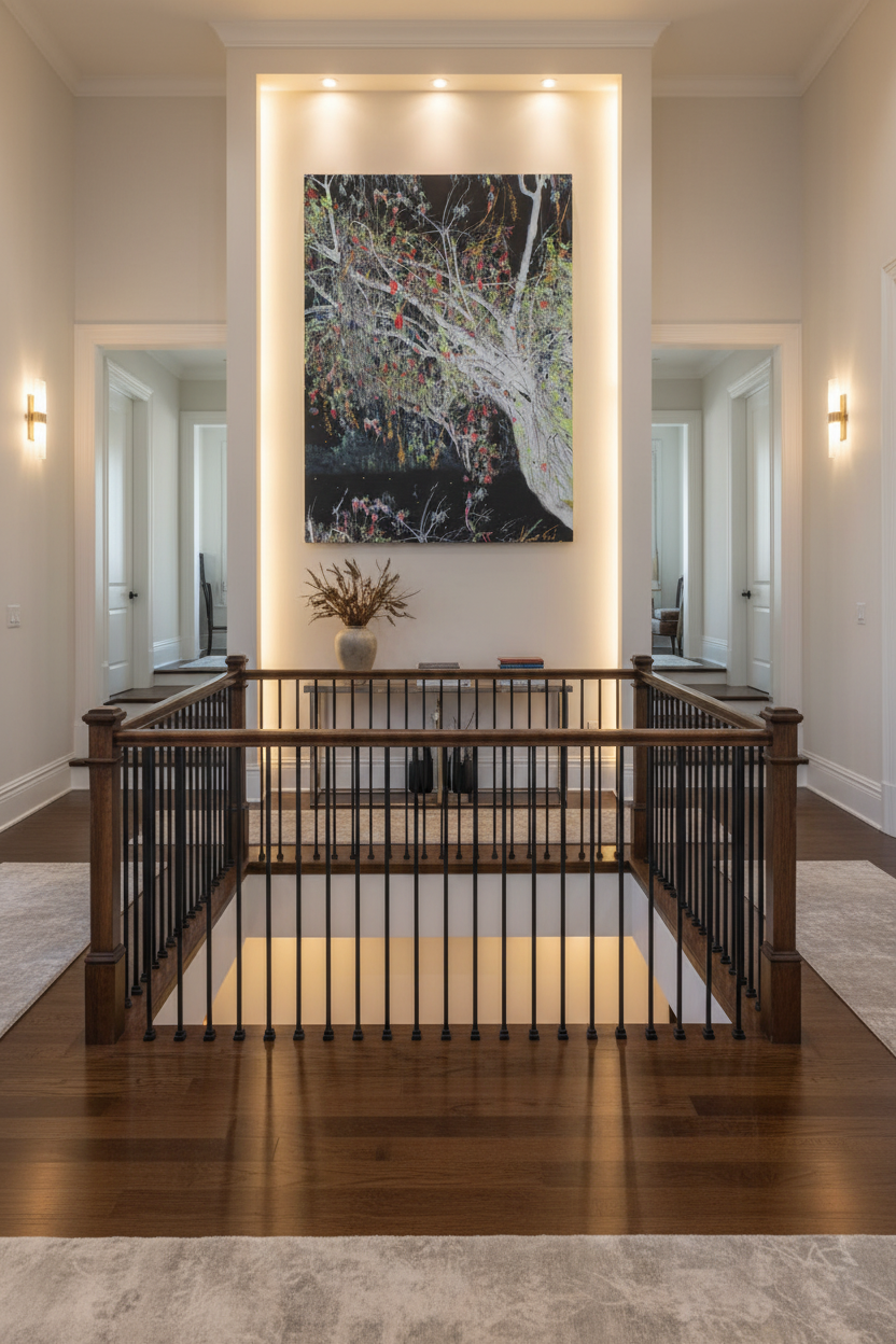 Artwork on Two-Story Staircase Wall