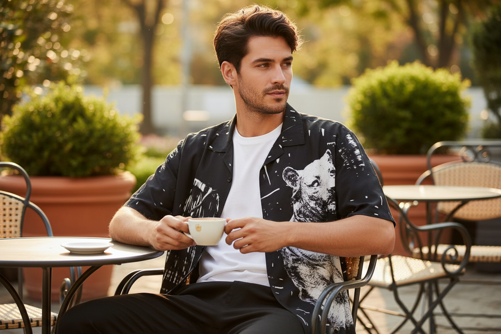 Black Hawaiian Shirt Cafe Scene