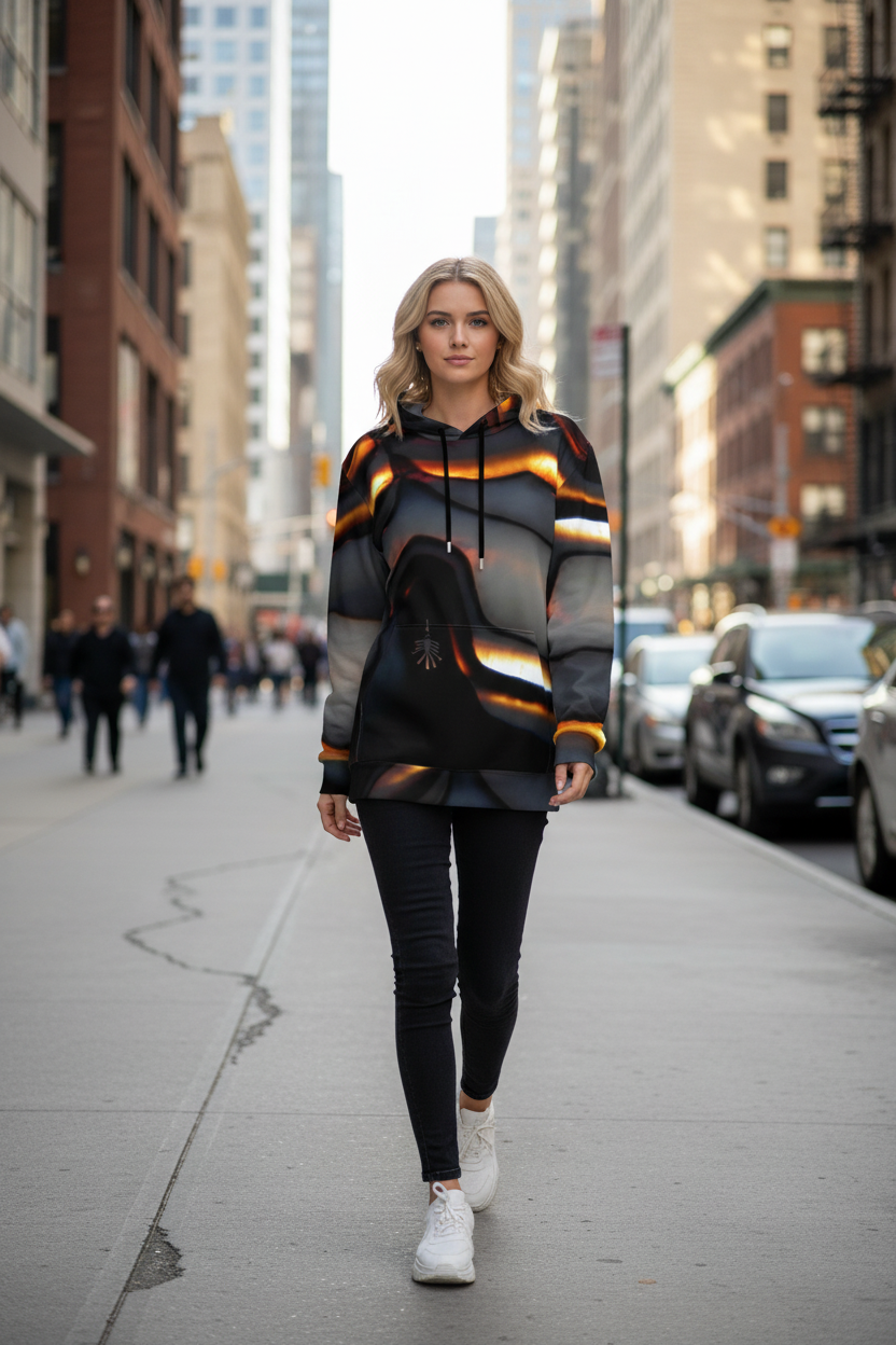 Blonde girl walking in city street wearing hoodie