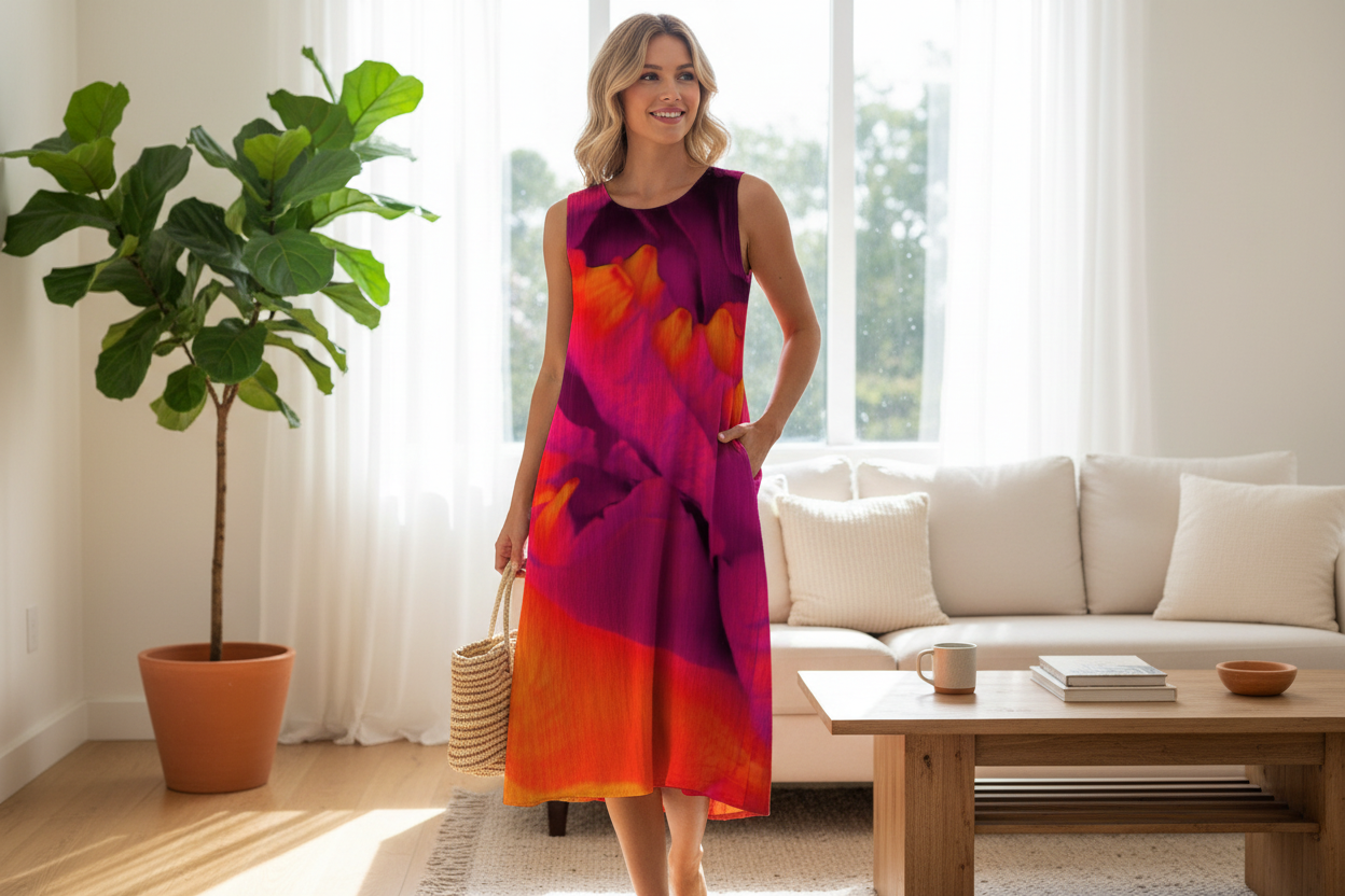 Blonde woman wearing colorful dress at home