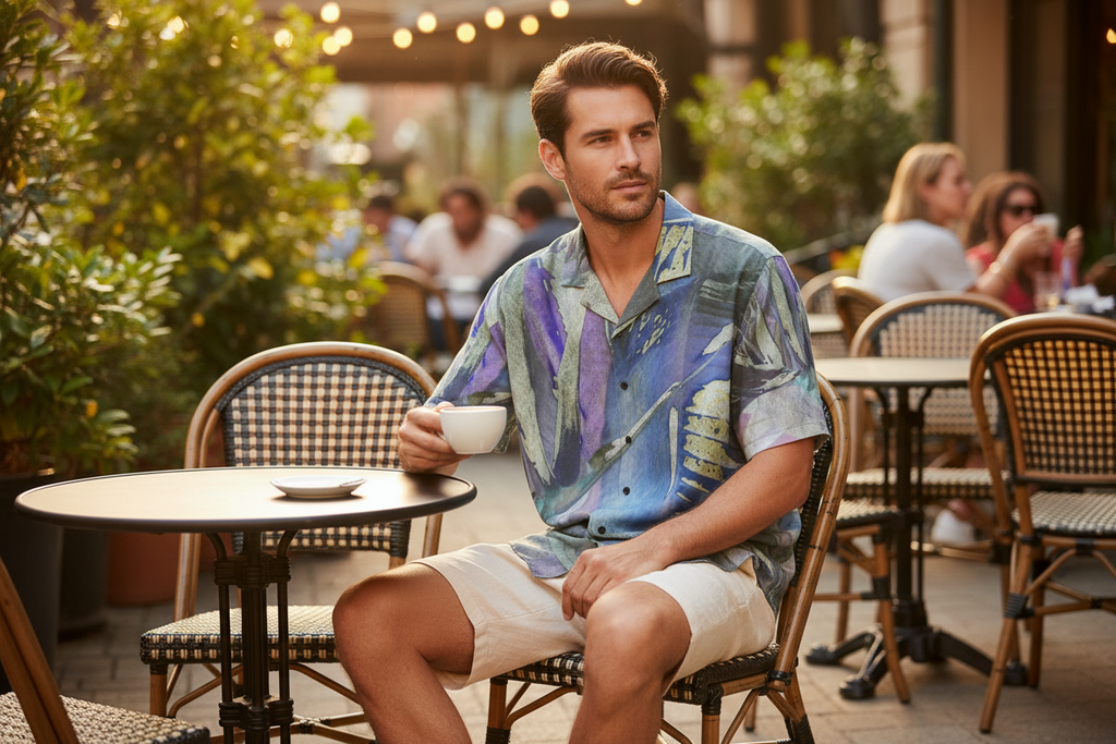 Blue Lilac Hawaiian Shirt Cafe Scene