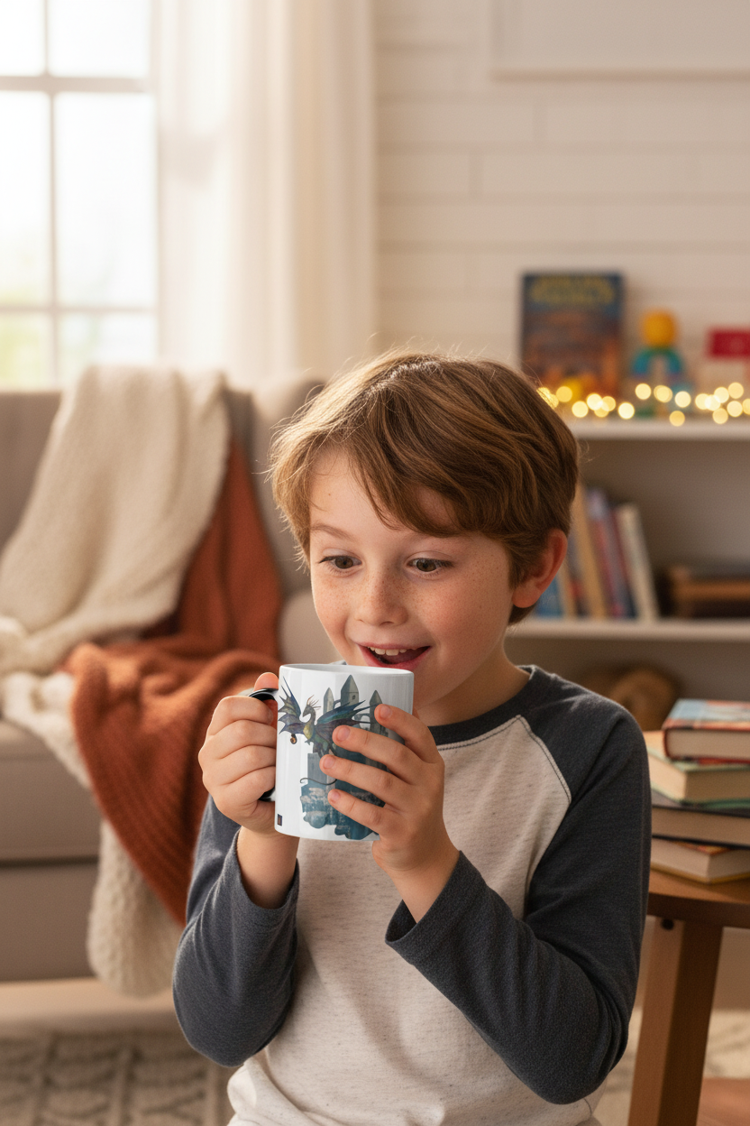 Boy with surprised face holding Dragon mug with white background