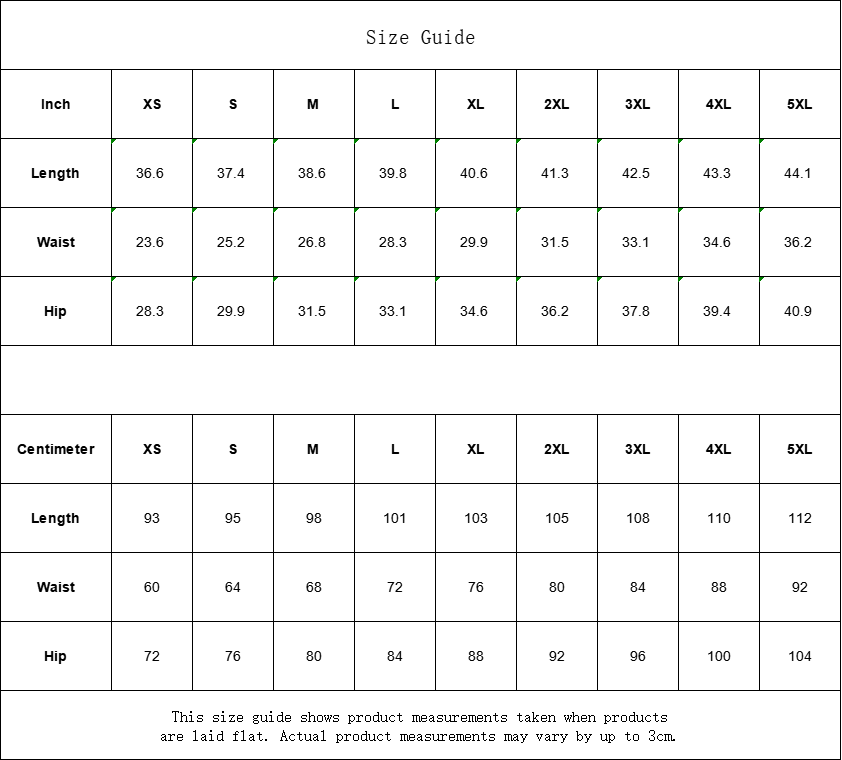 Size guide chart for clothing measurements in inches and centimeters.