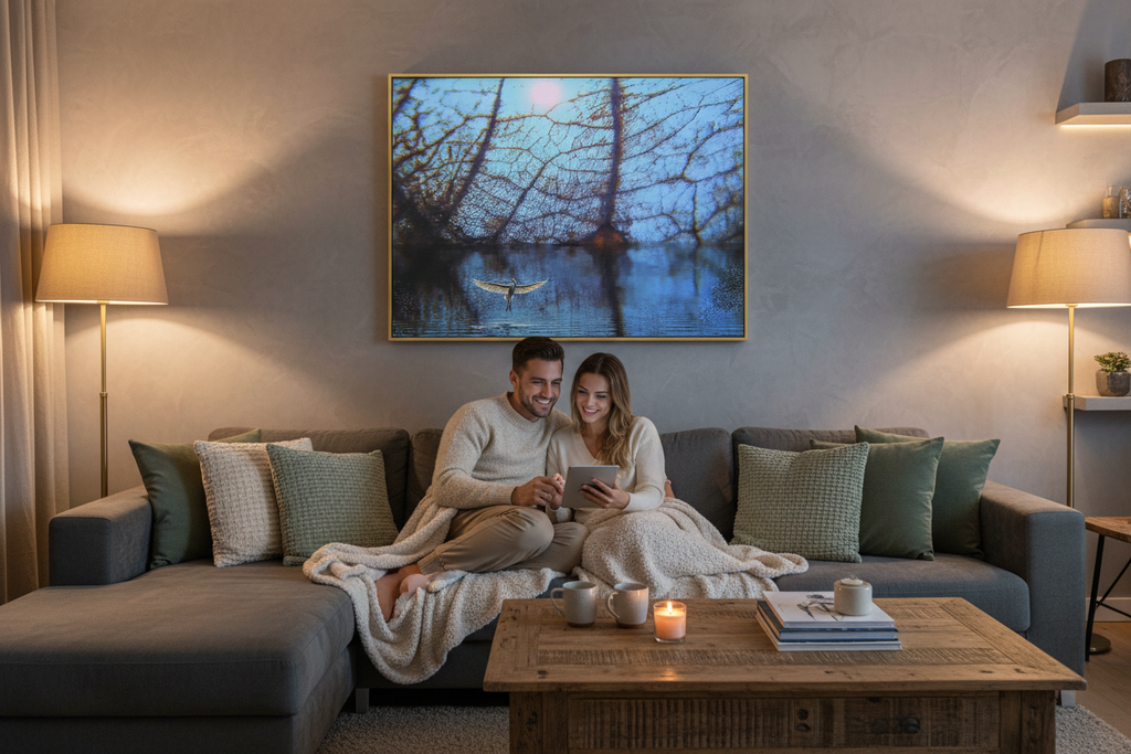 Couple in living room with gray walls and Florida Evergreens canvas