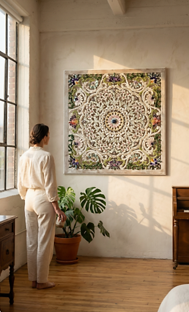 Woman standing in a room with a large decorative wall art piece.