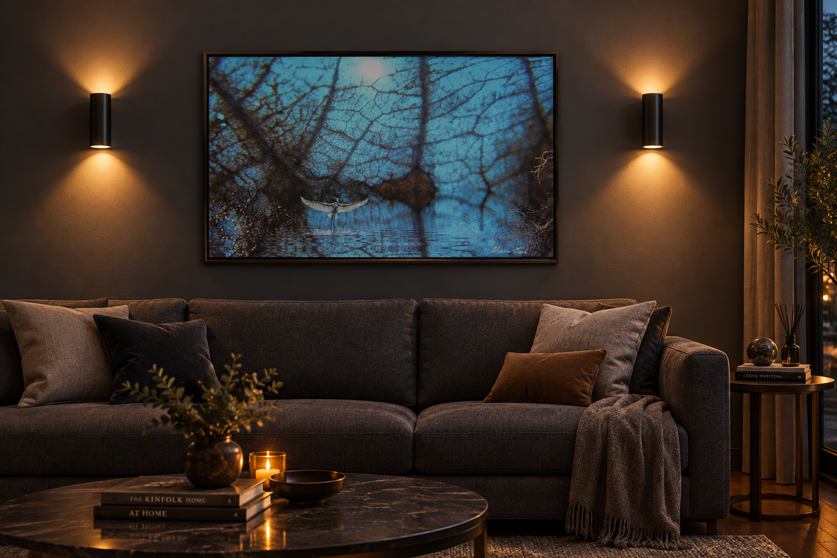 Florida Evergreens canvas on a dark grey living room wall with a warm light on each side