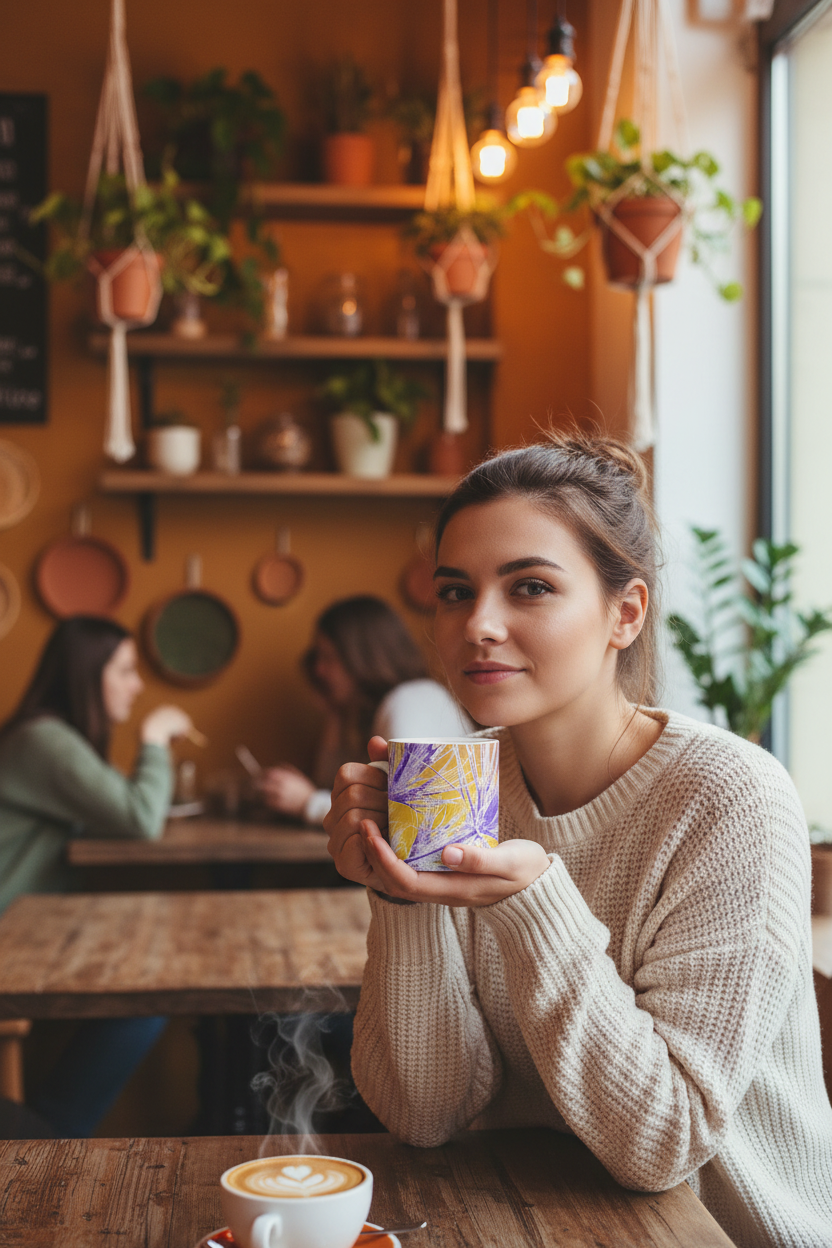 Girl in cafe with yellow palm mug