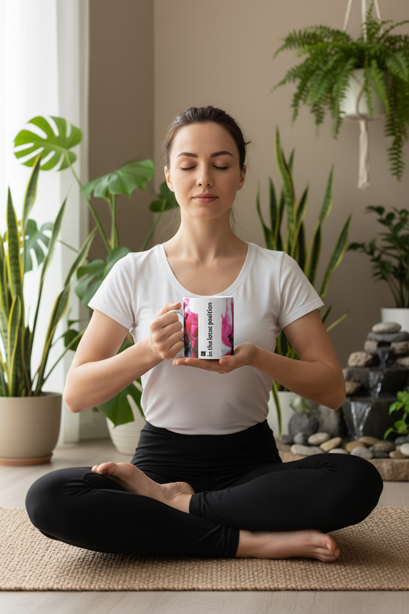 Girl in lotus pose with yoga mug