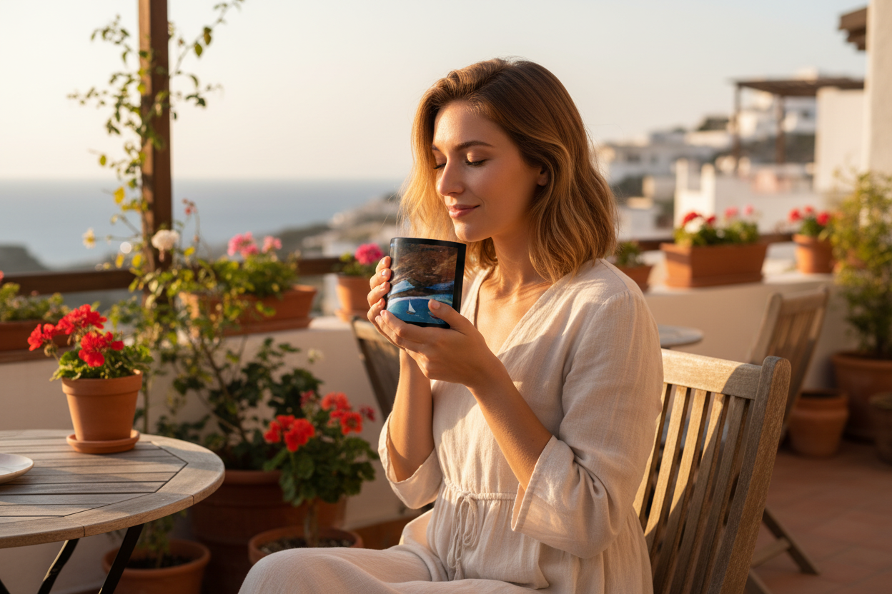 Girl on terrace with Sailboat Ocean Mug