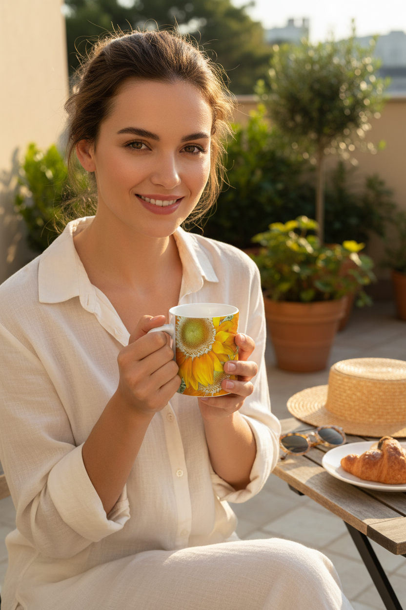 Girl with sunflower mug on terrace - mug visible