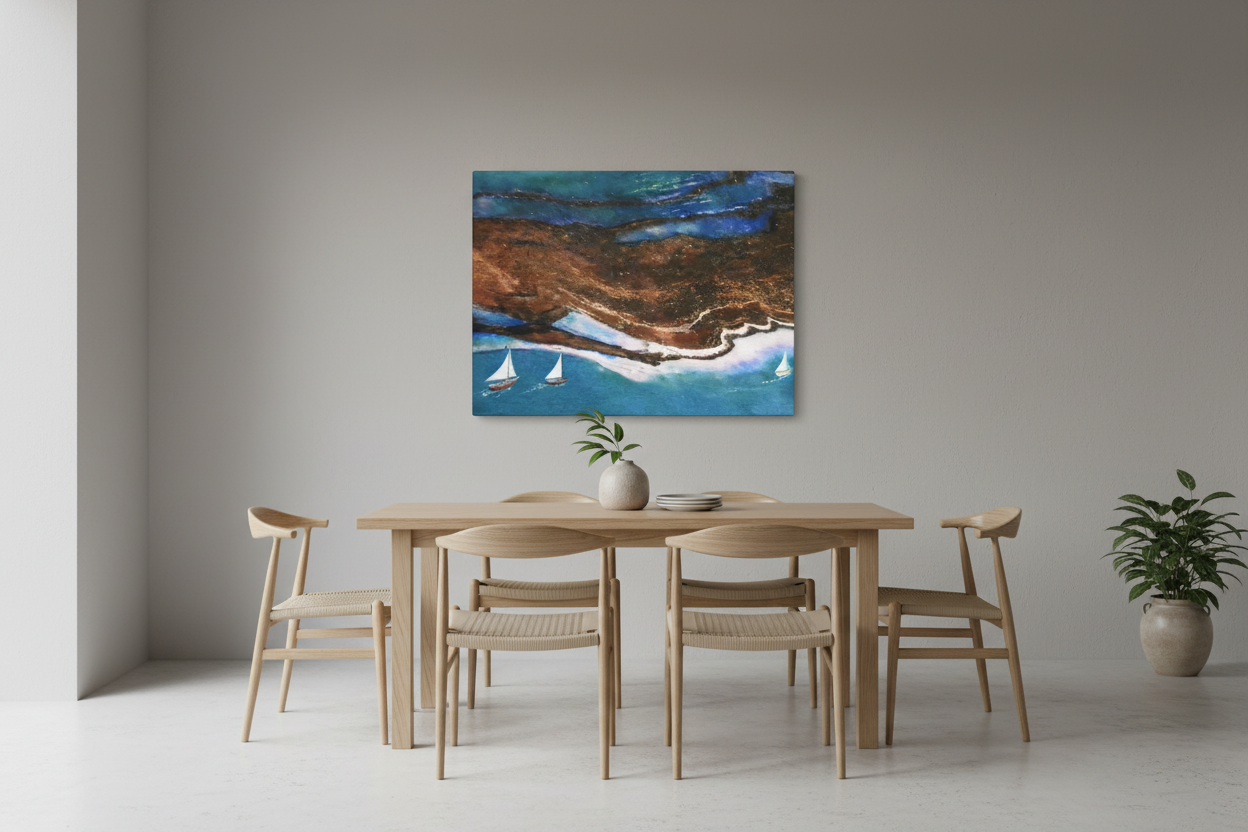 Artwork displayed in simple minimalist dining room