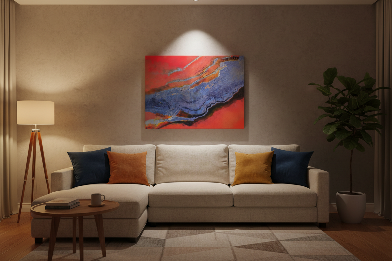 Blue Island Digital Art Mixed Media Landscape displayed in a living room with low warm lighting