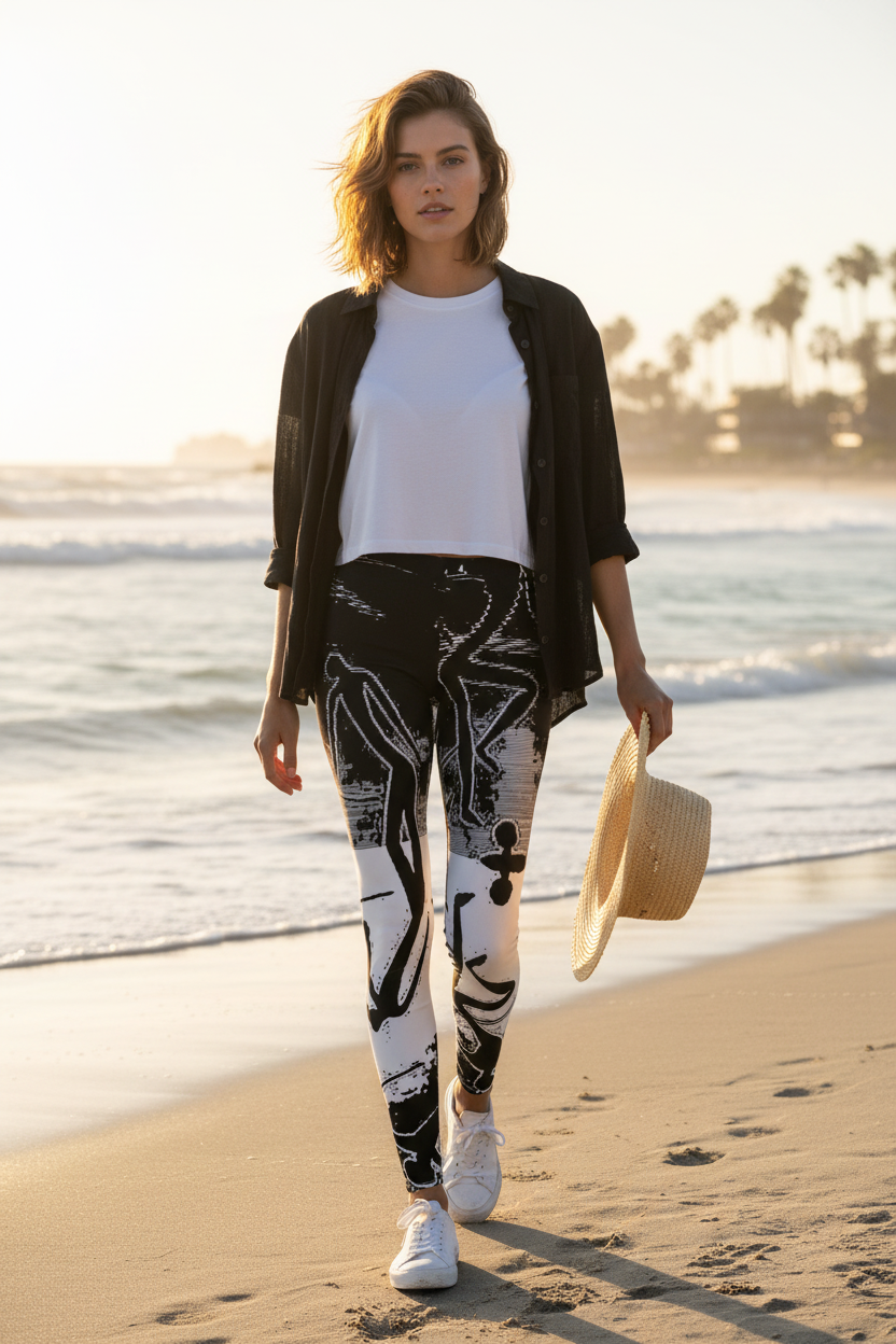 Woman wearing orchid-patterned leggings at the beach