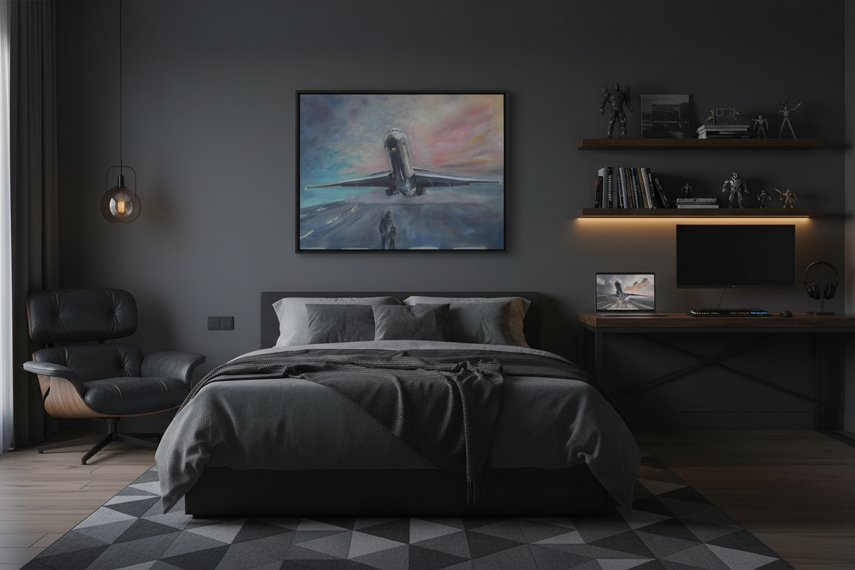 Framed artwork displayed in young man's bedroom with moody lighting