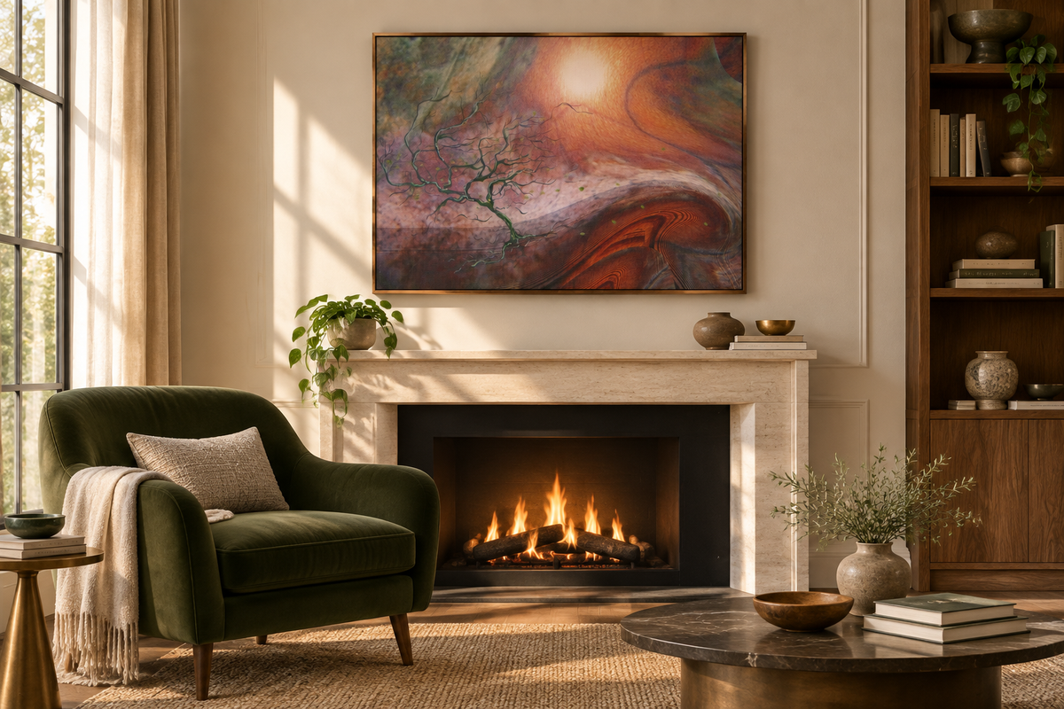 Windswept Leaf hand-finished canvas hanging above a fireplace beside a green velvet armchair