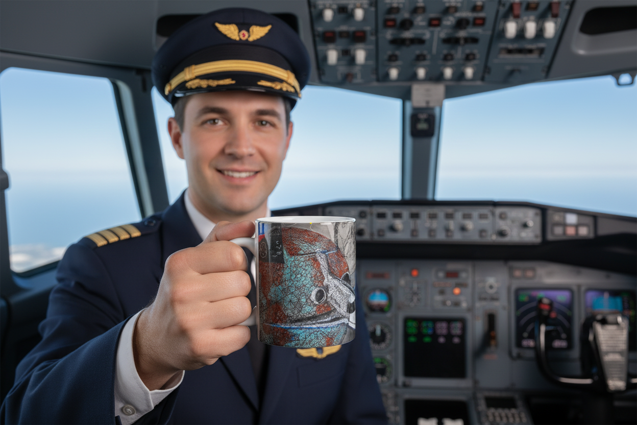 Pilot holding color-changing airplane mug prominently