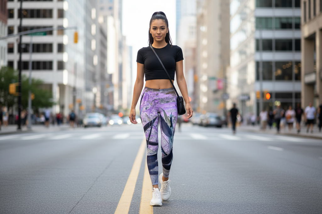 Woman walking on city street wearing lilac and black leggings