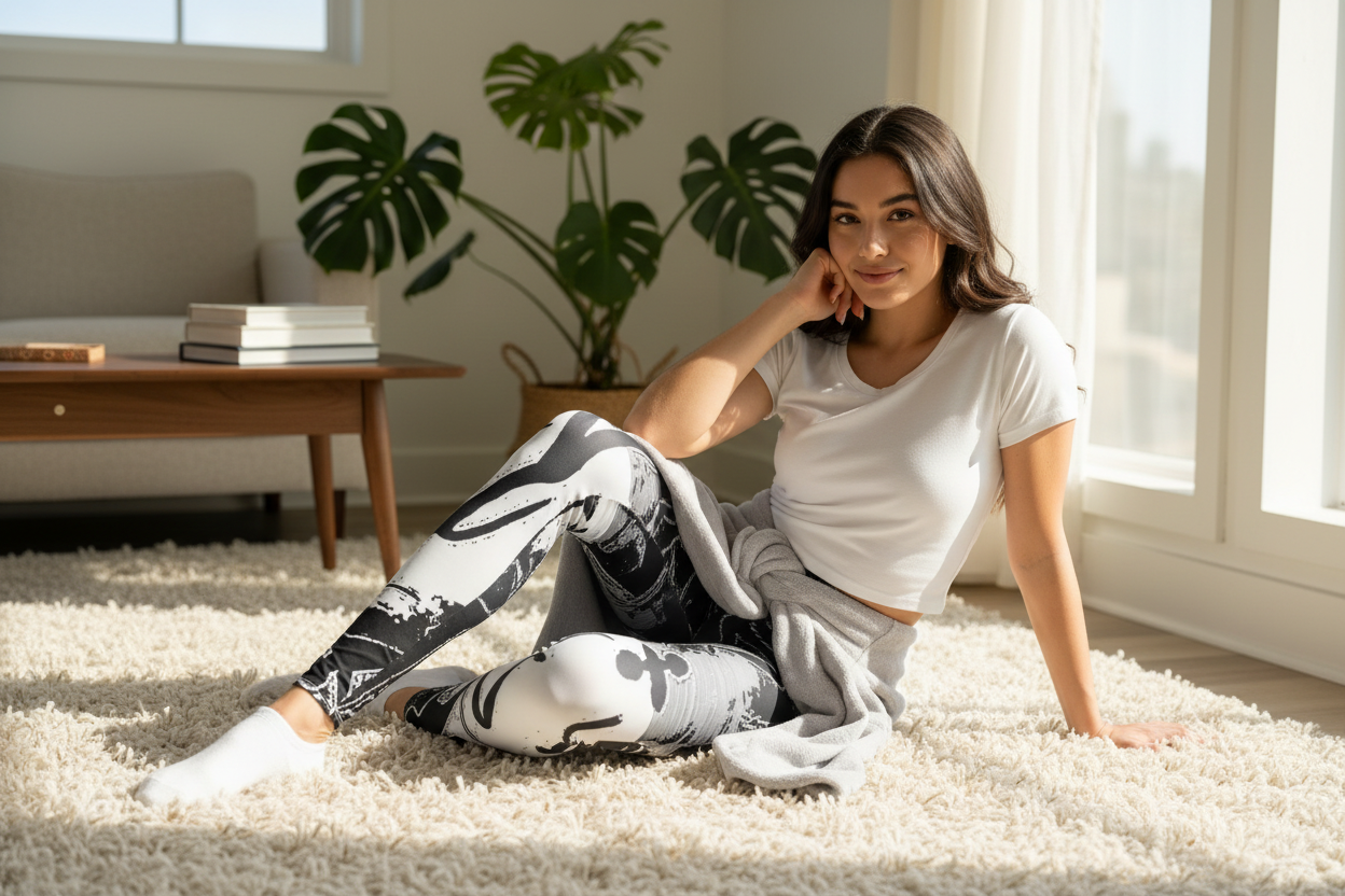 Woman wearing orchid-patterned leggings lying on carpet
