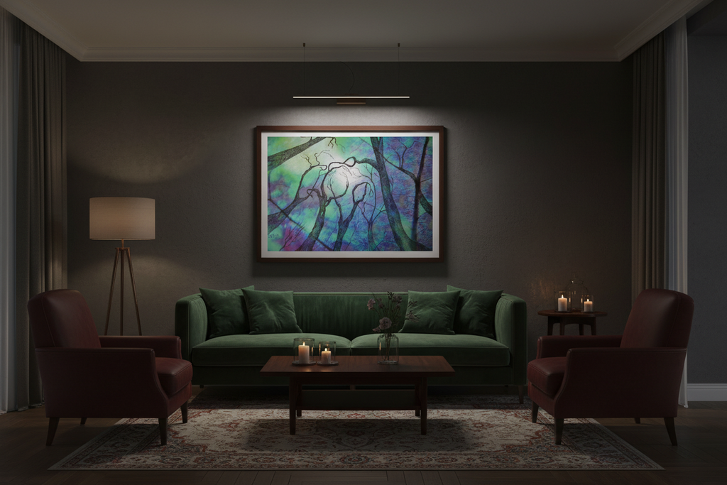Artwork displayed in a moody, darker room setting