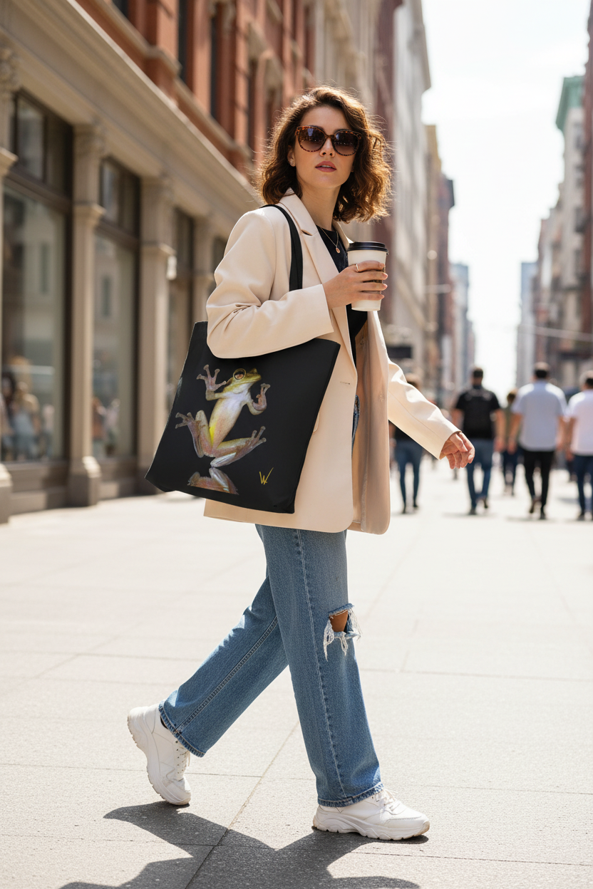 Stylish woman carrying tote bag on city street