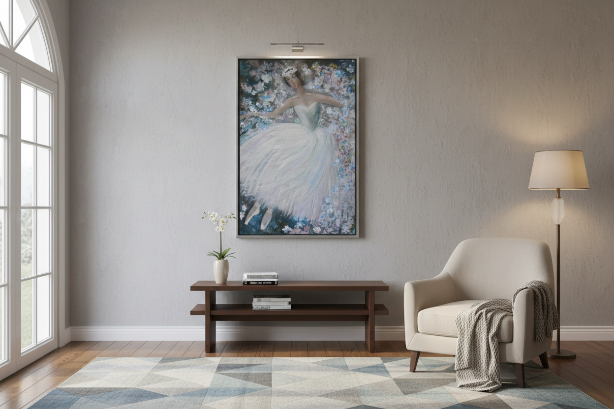 Artwork in silver frame displayed in elegant room