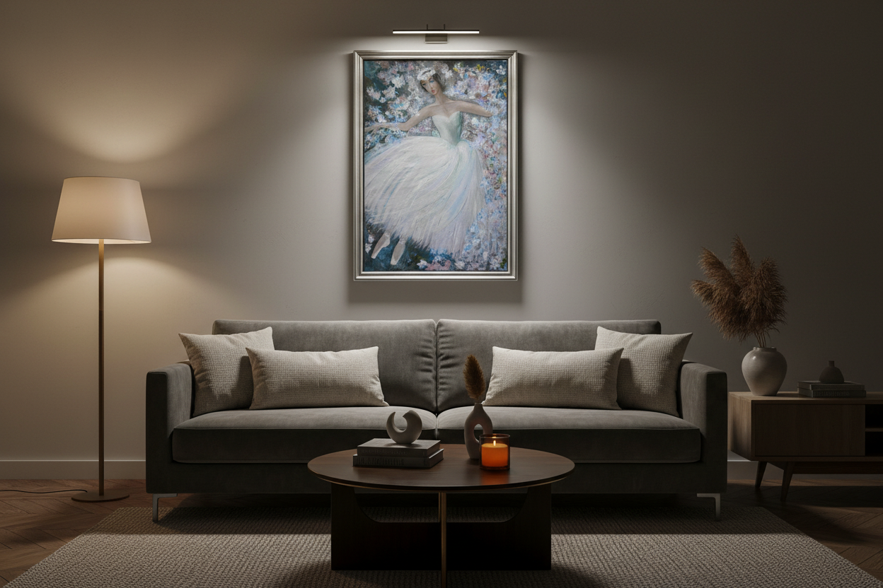 Artwork in silver frame displayed in low light living room