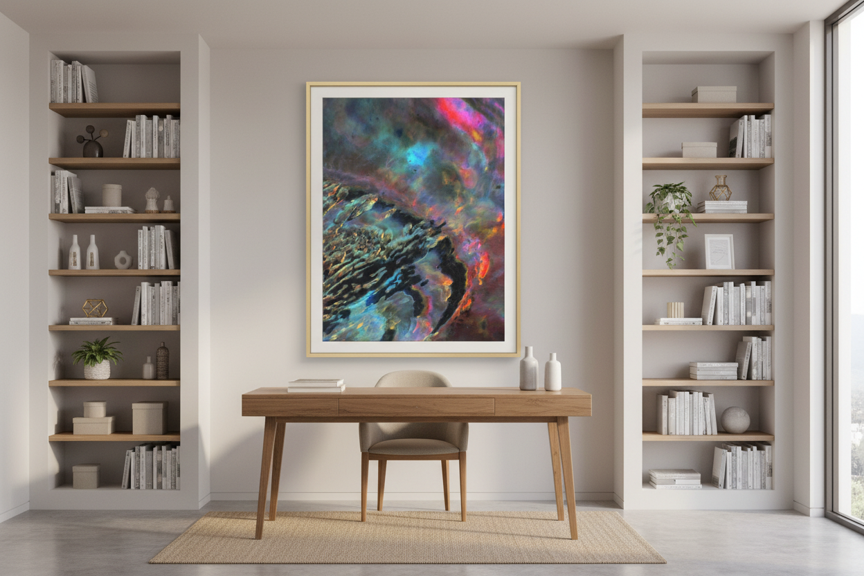 Flight to the Sun Canvas Art Print in light gold frame, no mat, in a modern home office