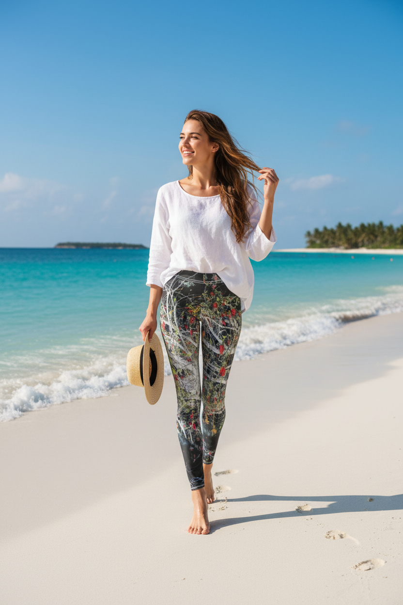 Woman walking on white sand beach wearing the product
