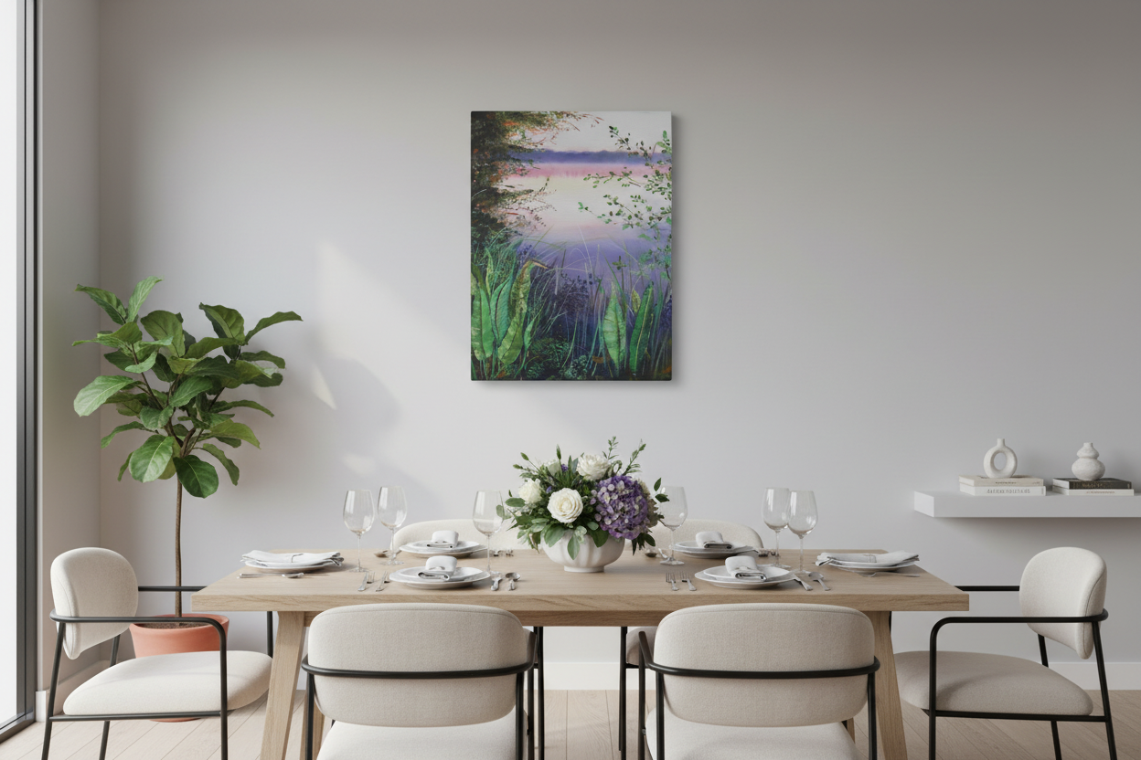 Wall art displayed in an elegant dining room with natural daylight