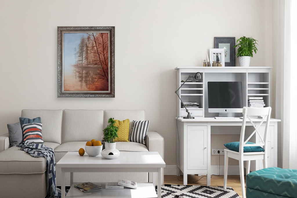 Golden Autumn oil painting displayed in a living room