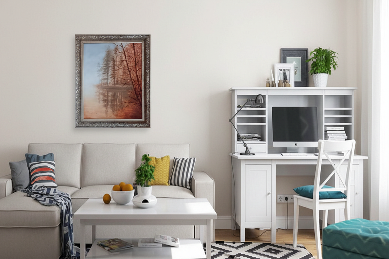 Golden Autumn oil painting displayed in a living room