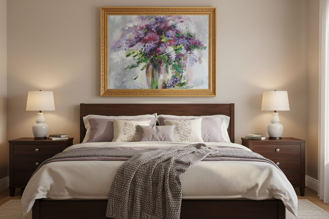 Lilac bouquet canvas with golden frame displayed above bed in bedroom