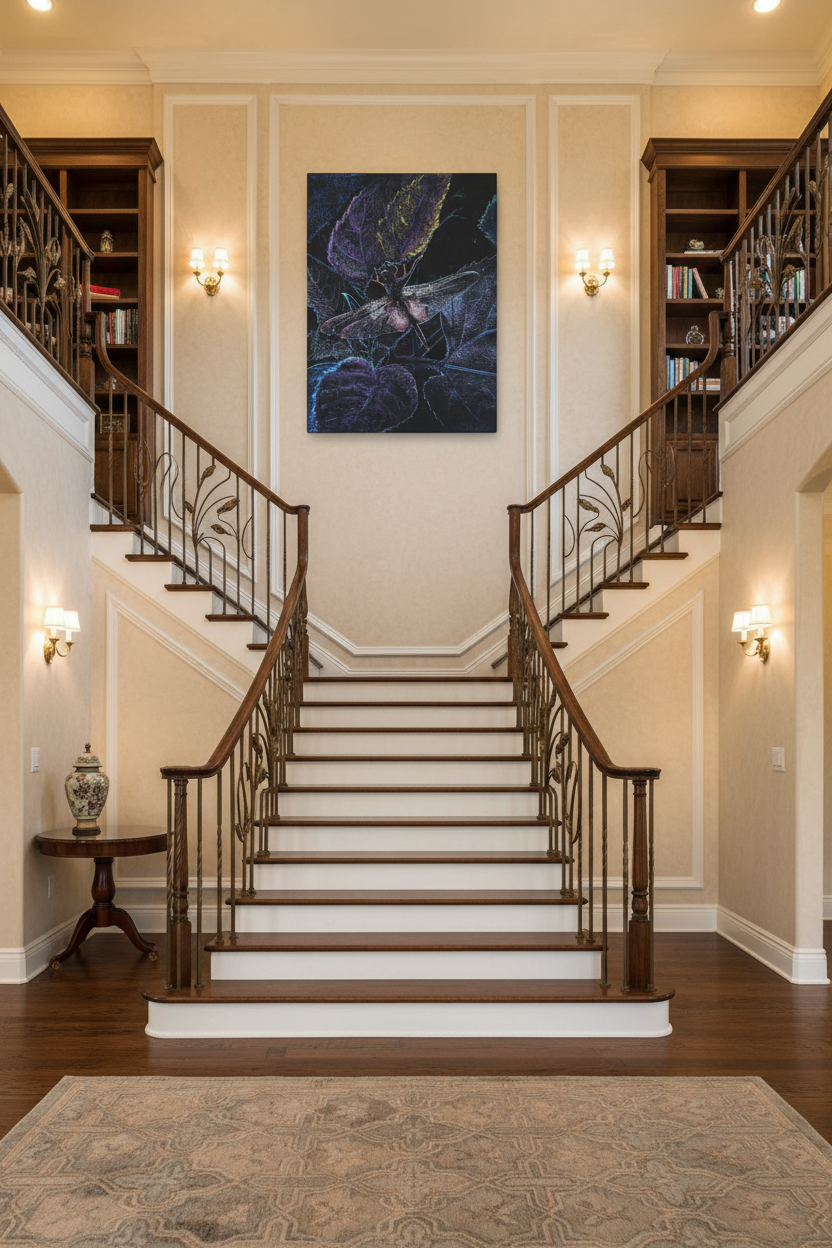 Artwork displayed as large canvas on two-story staircase wall