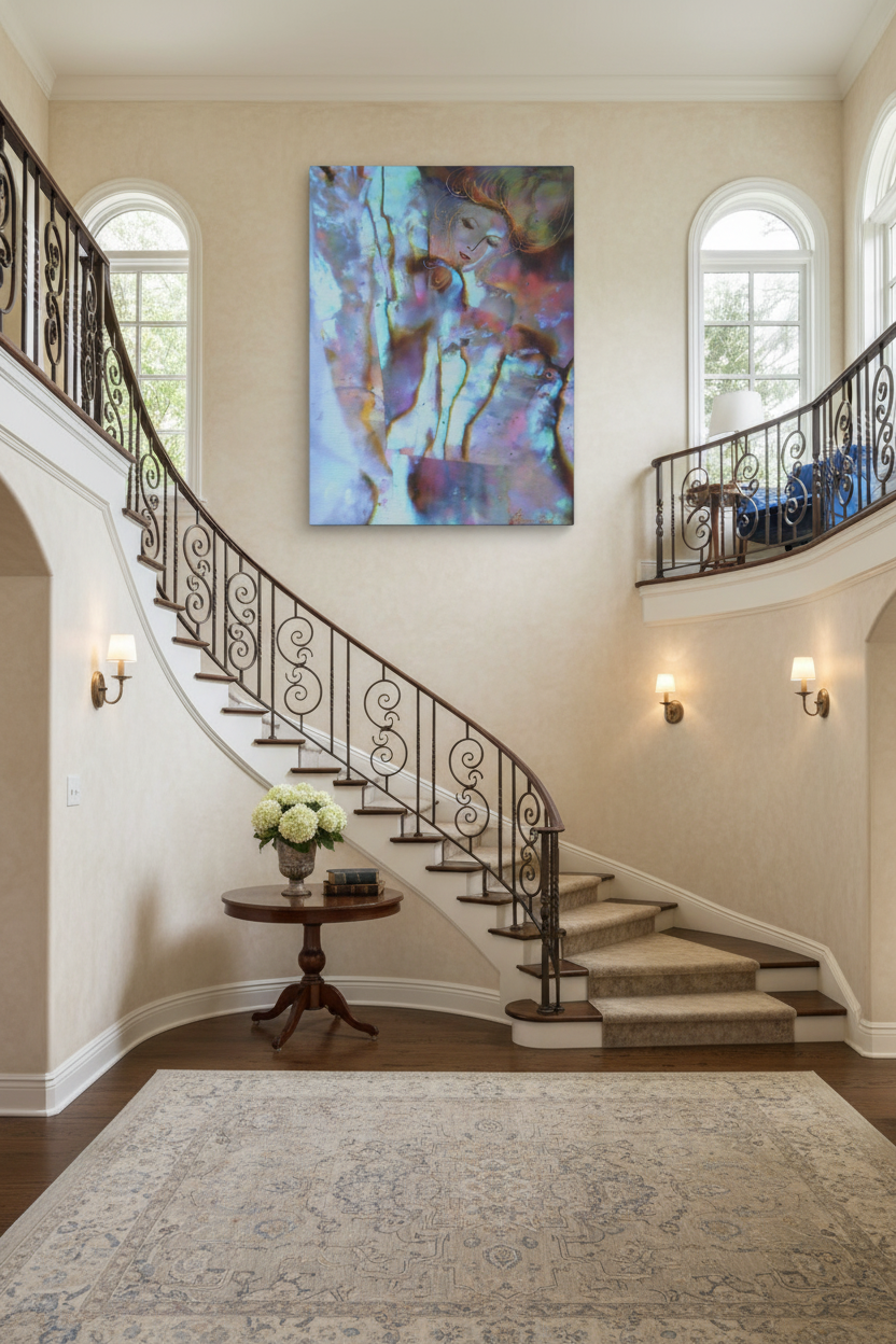 Artwork displayed as large canvas on two-story staircase wall