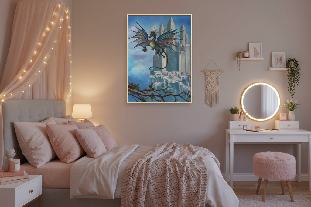 Artwork in light gold frame displayed in girl's bedroom with low warm lighting