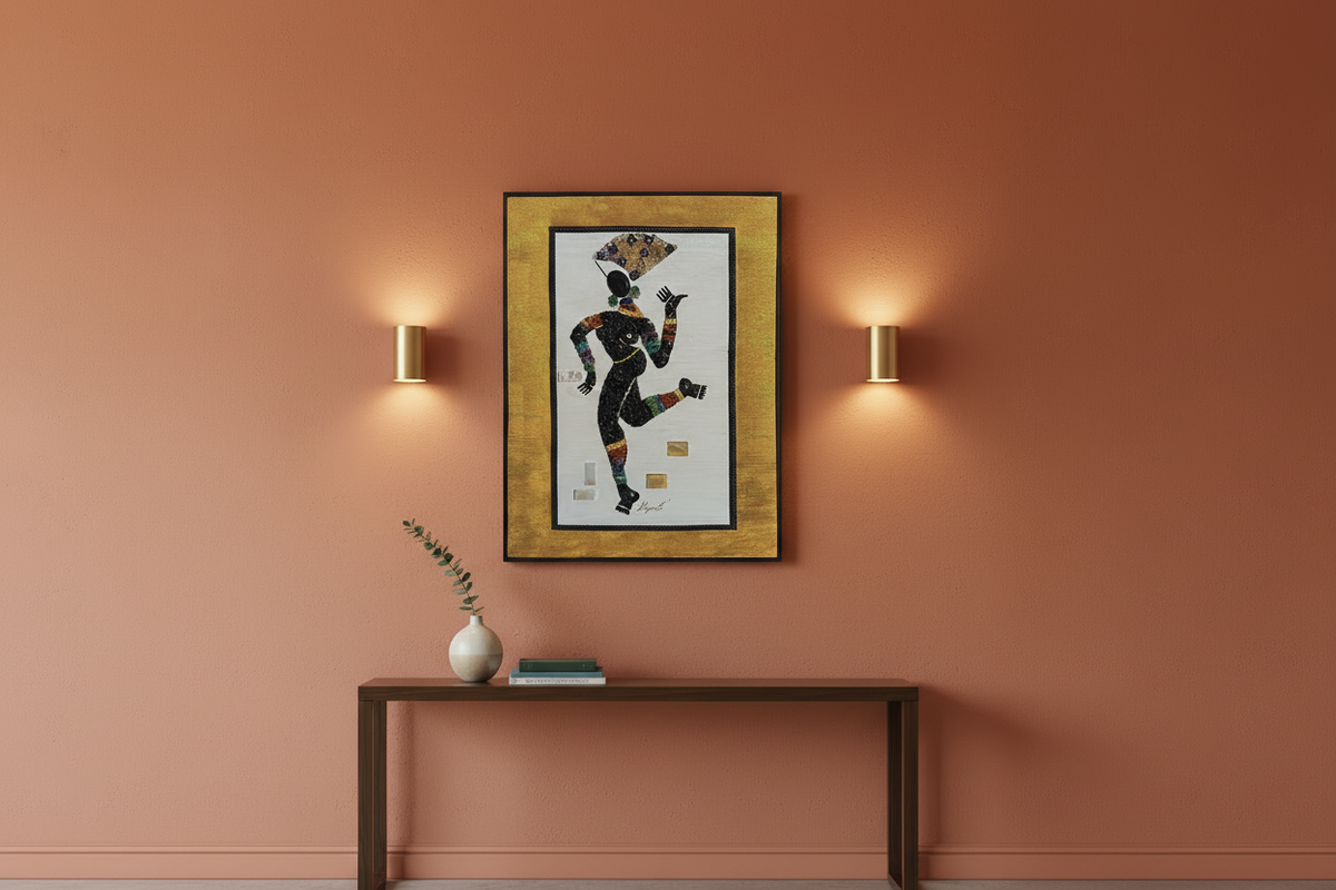 Mujer Solitaria semiprecious stone mosaic displayed in a warm entryway with lights on both sides