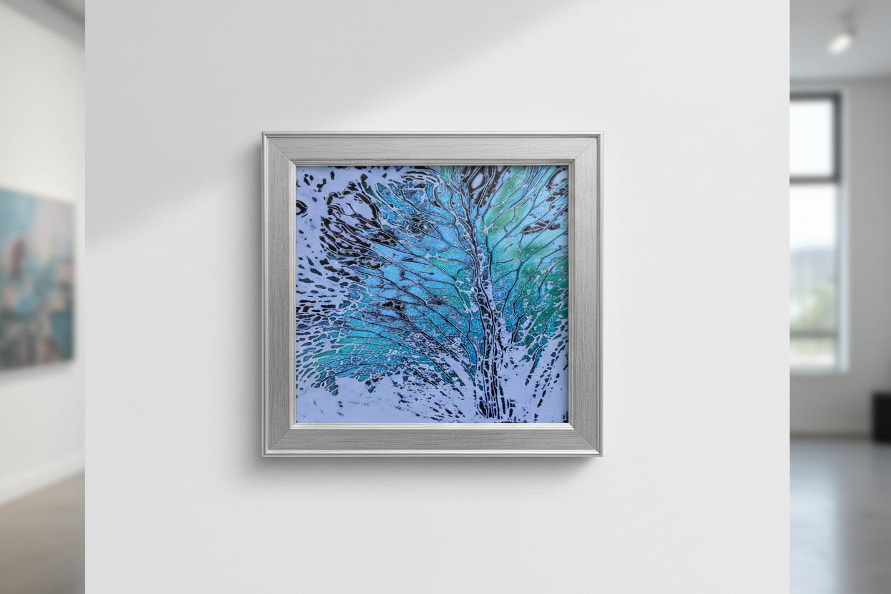 Abstract water artwork in silver frame